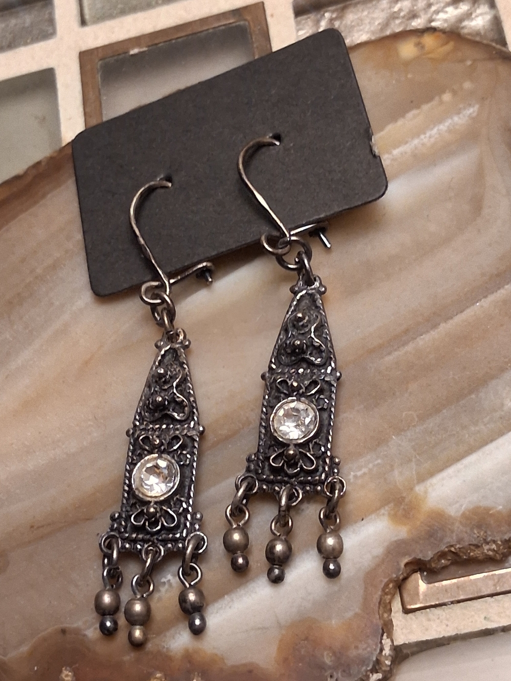 Vintage Silver Filigree Drop Earrings with Clear Stones